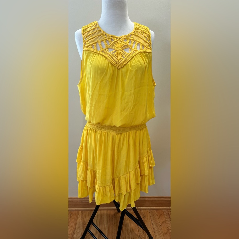 Ramy Brook Sleeveless Yellow Crochet-Yoke Mini Dress